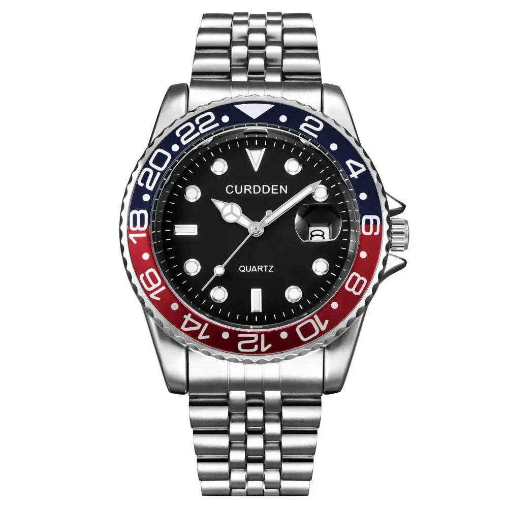 Men Calendar Quartz Watch With Green Dial Stainless Steel Band Full Calendar Function Casual Everyday Timepiece