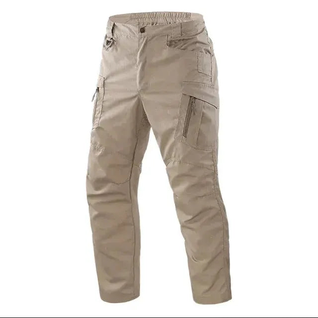 Beige men's cargo pants with multiple pockets and side zip pockets