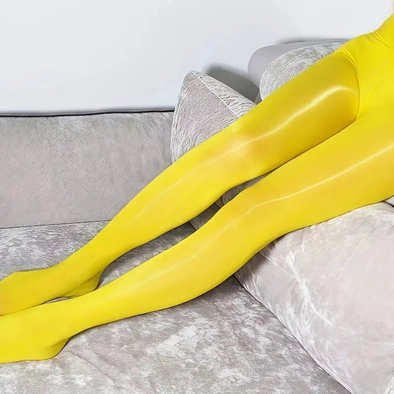 LuxePlus Plus Size Yellow Oil Slick Tights High Waisted Glossy Finish Pantyhose Comfort Fit
