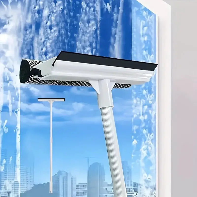 Simples Market 1pc retractable pole window cleaner with 2-in-1 squeegee and brush head, white handle