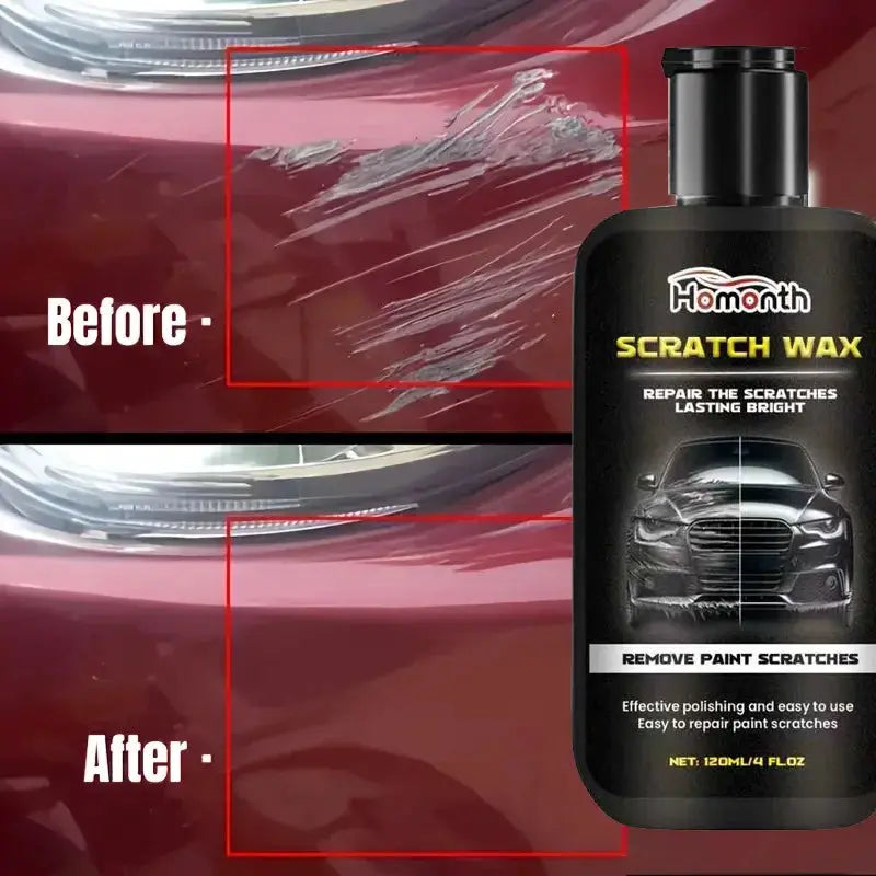 Scratch wax bottle by Homonth for car scratch repair, restores maroon paint with glossy protection and polish