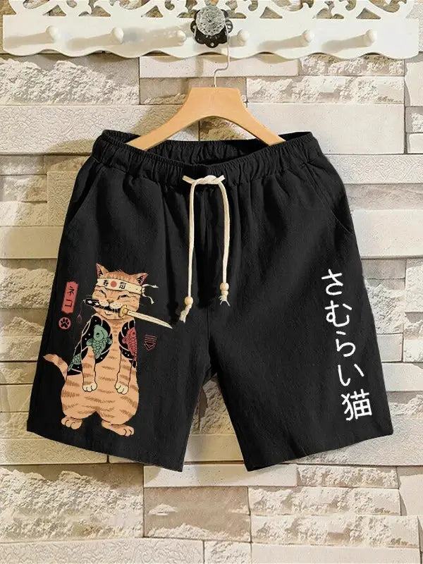 Shorts: black Simples Market drawstring shorts with a 3D cat graphic on the left and white Japanese text on the right.