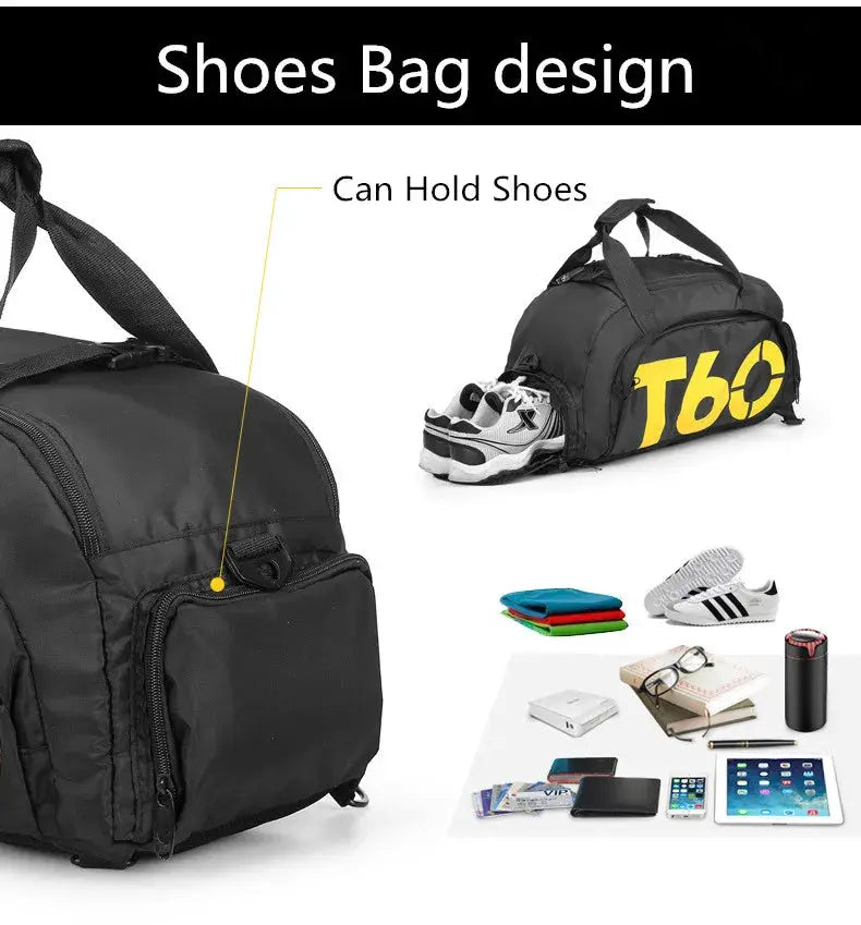 Simples Market black waterproof gym bag; ultralight, portable fitness travel backpack with front pocket.