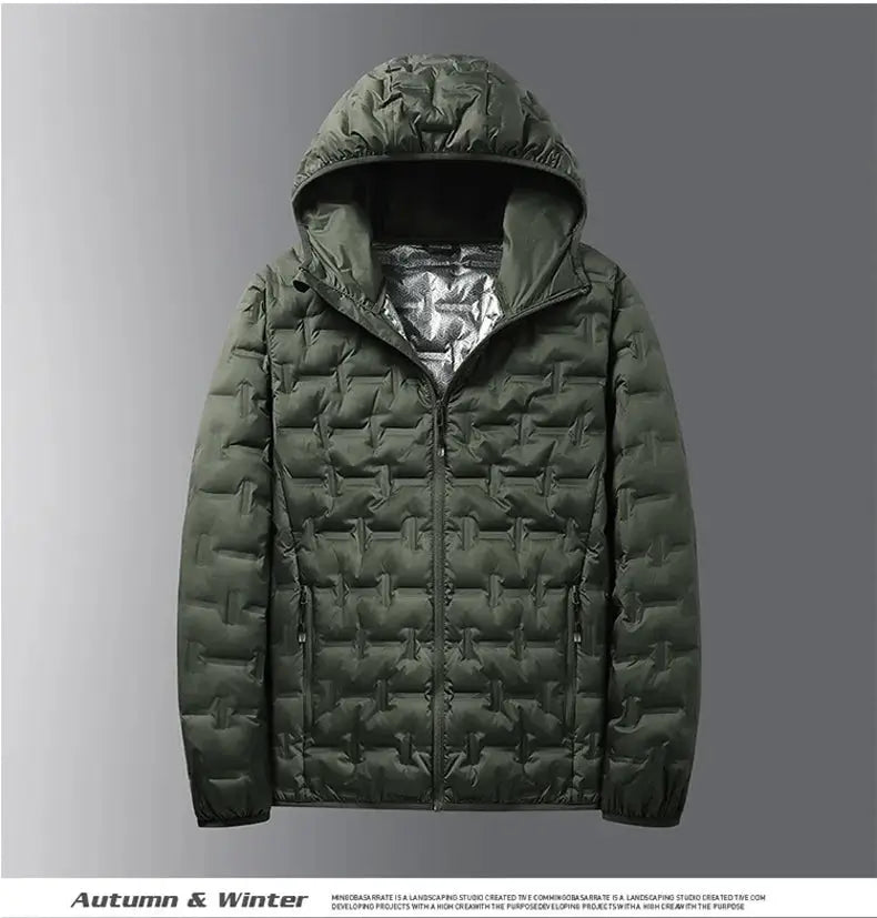 Men's olive green quilted down jacket with hood and zip-front by Simples Market