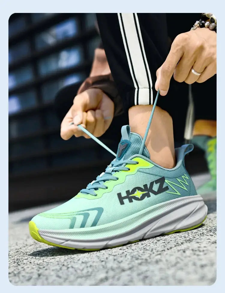HOKZ running shoes in teal mesh with lime accents, lightweight cushion sole, tied laces