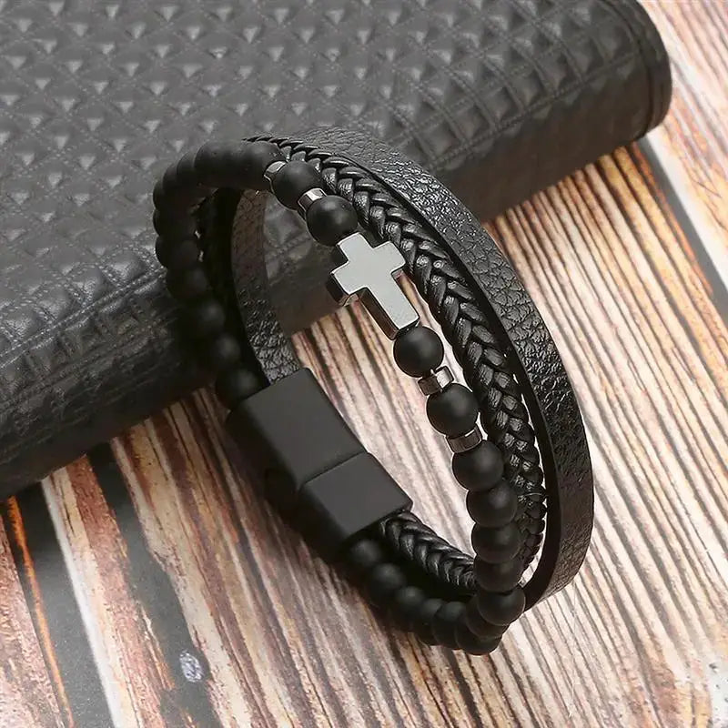 Classic Mens Leather Bracelet Hand Woven Multi Layer Style Fashion Jewelry For Men Durable Casual Accessory