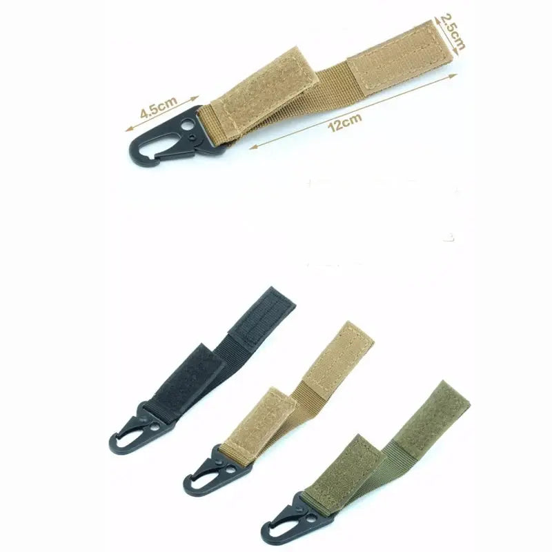 Carabiner high-strength nylon key hook MOLLE belt hanging system with Velcro straps in black, tan, and olive (3-pack)