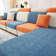 Thick jacquard sofa slipcover set with blue, orange and cream cushions; stretchable furniture protector