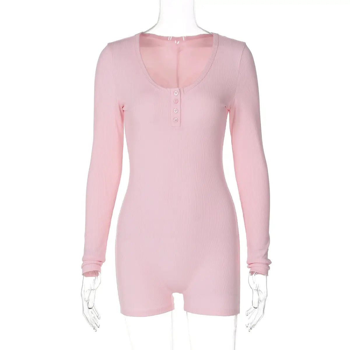 Pink ribbed long-sleeve playsuit with square collar and button front, bodycon romper