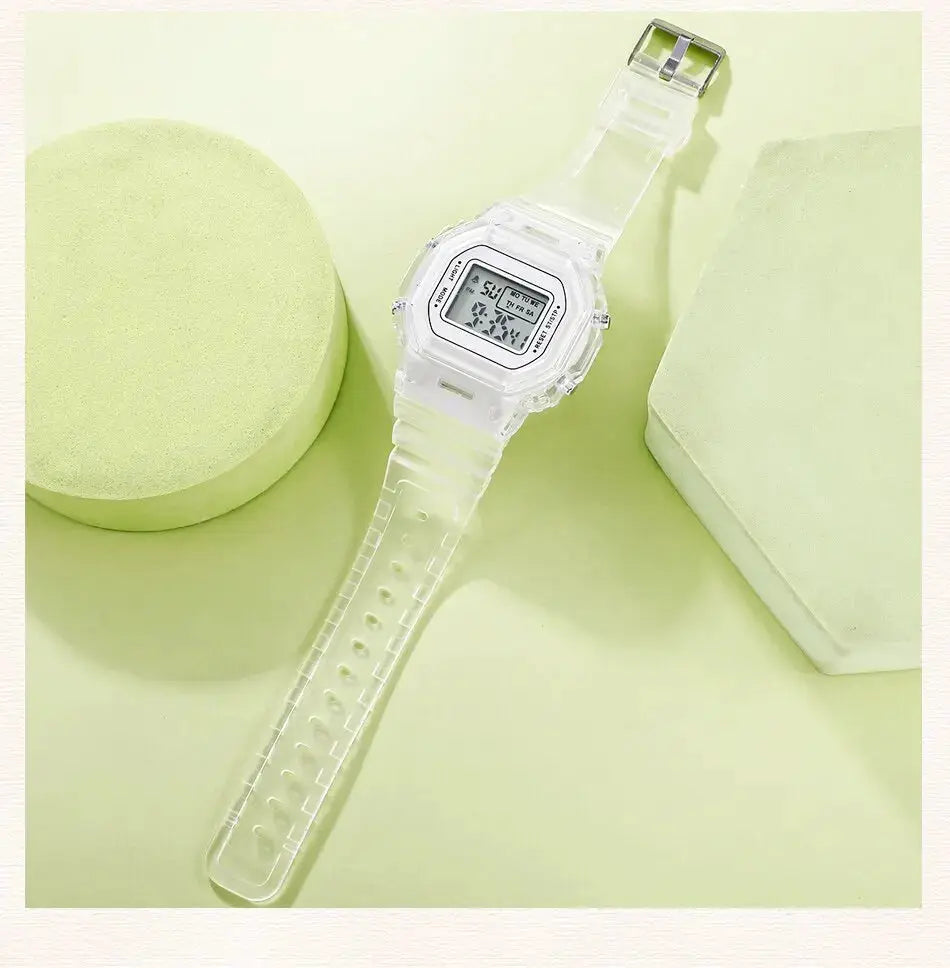 Simples Market LED digital watch with transparent silicone strap; unisex sports timepiece.