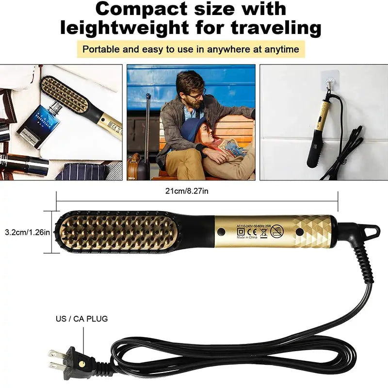 Electric hot comb straightener by Simples Market for beard care, gold and black finish with US plug