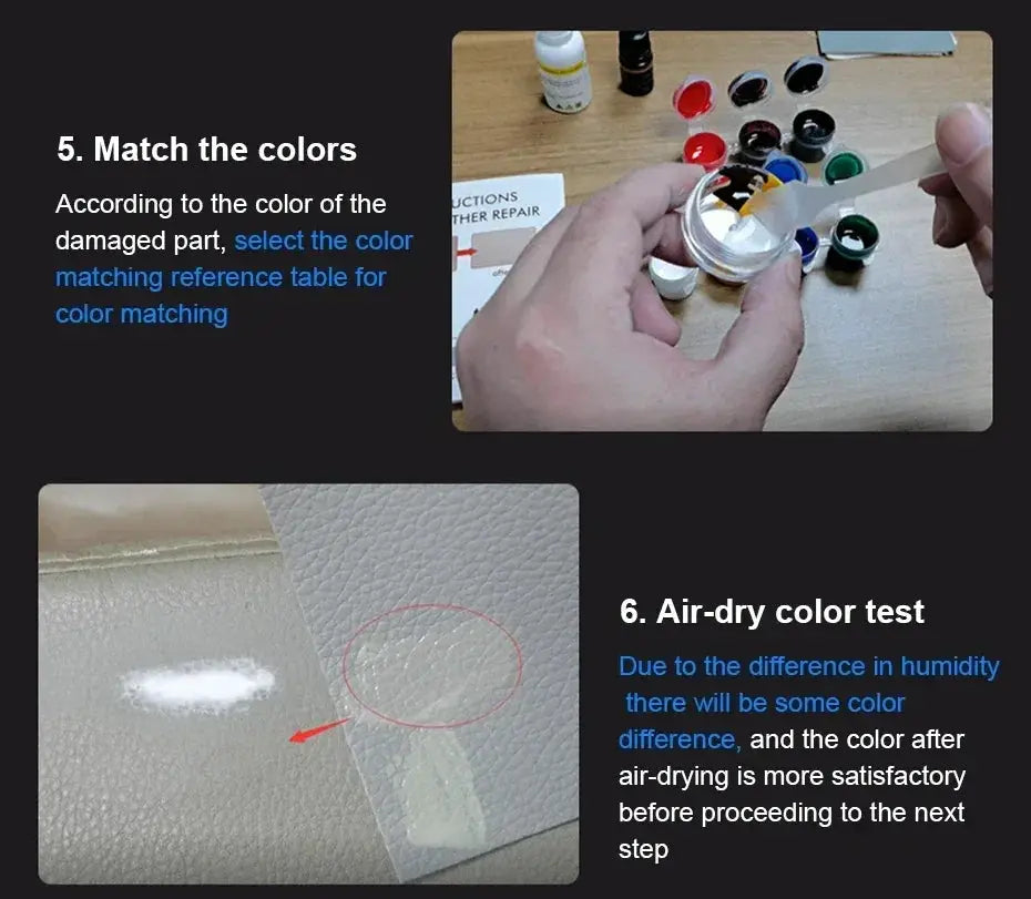 Professional Liquid Leather Repair Kit by Simples Market; color-matching liquids and leather repair patch on car-seat leather
