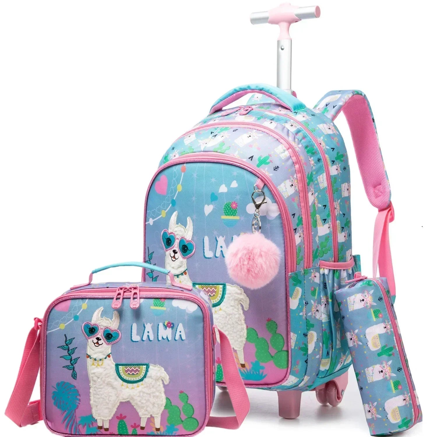 Simples Market children's two-piece wheeled backpack set with lunch box in pastel llama print with pink accents