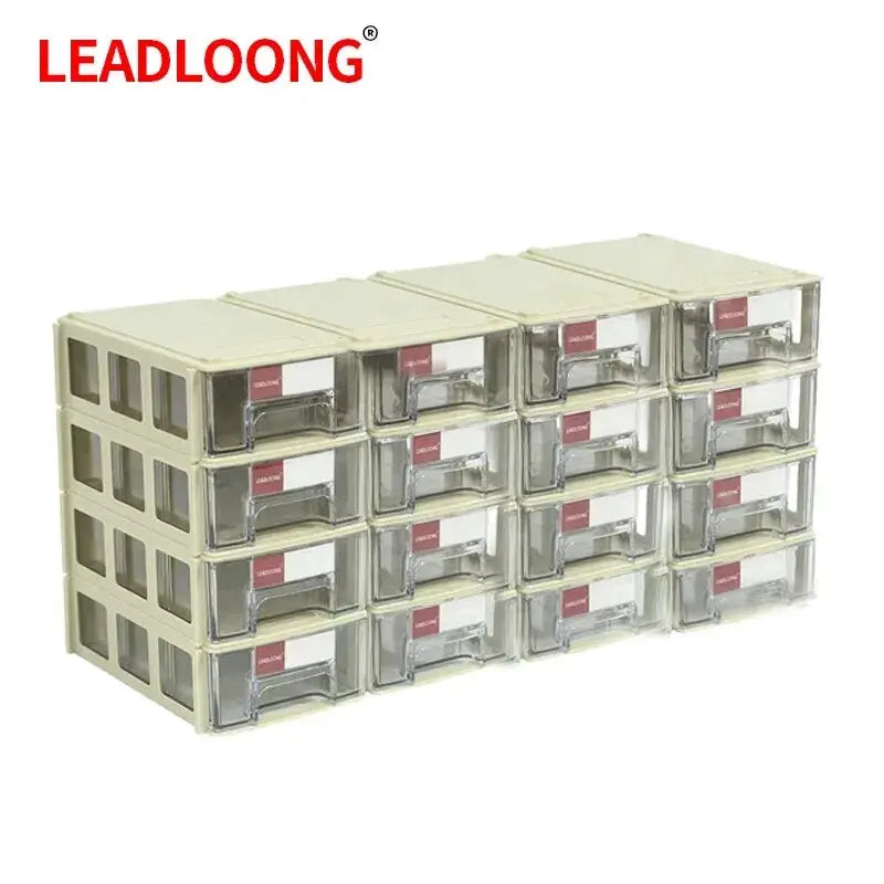 LEADLOONG 16-drawer screw parts organizer with beige frame and clear-front drawers