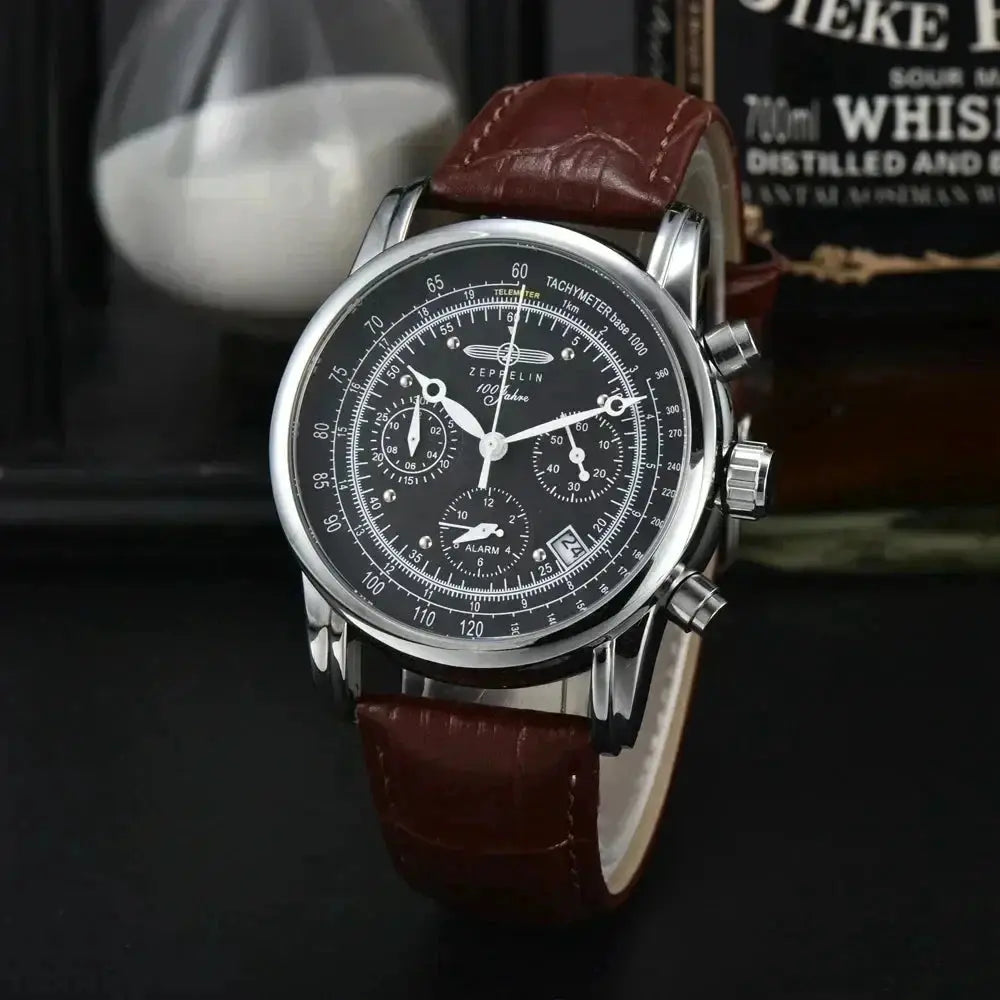 Zeppelin airship commemorative men's automatic watch with brown leather strap and stainless steel case.