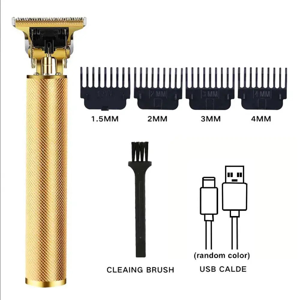 Professional hair clipper and trimmer set by Simples Market in gold with 4 guide combs, cleaning brush, and USB cable