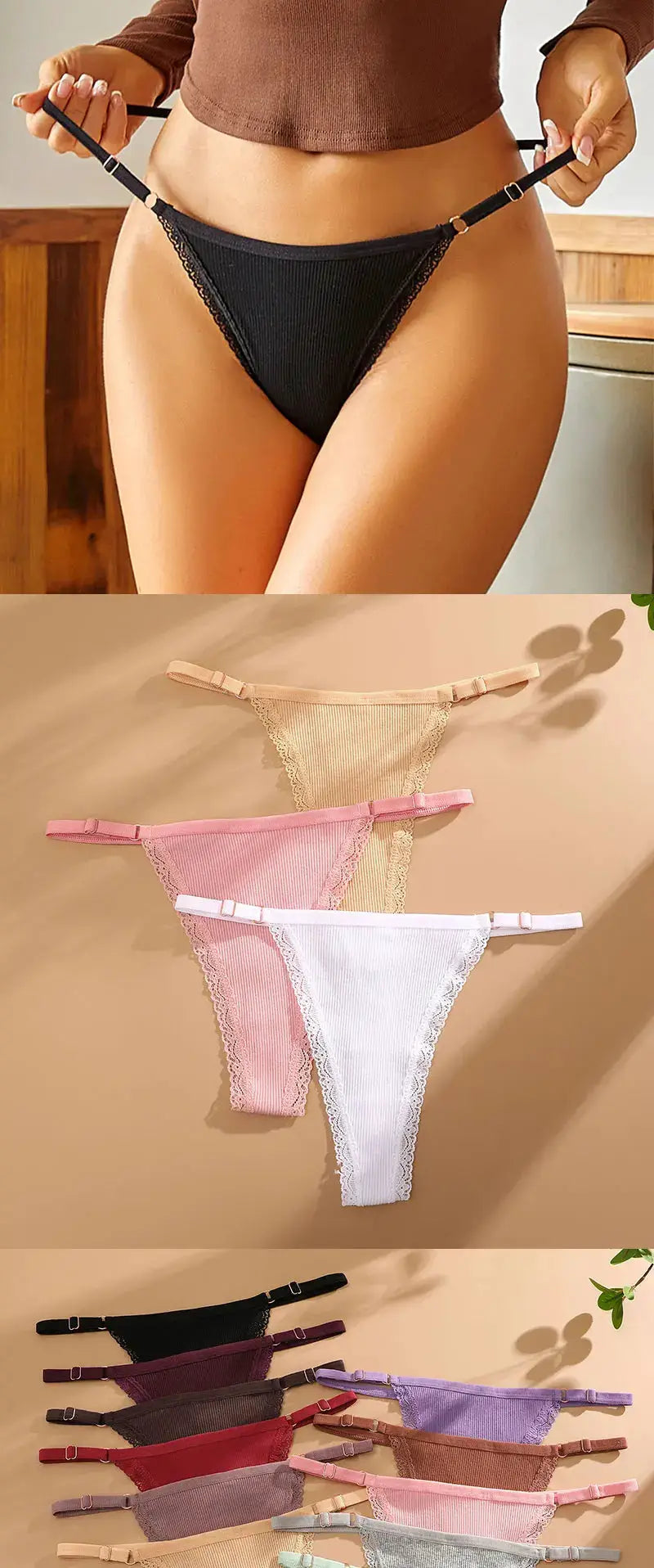 Simples Market 5-piece cotton thong set with adjustable waist; black G-string on model and assorted color options.