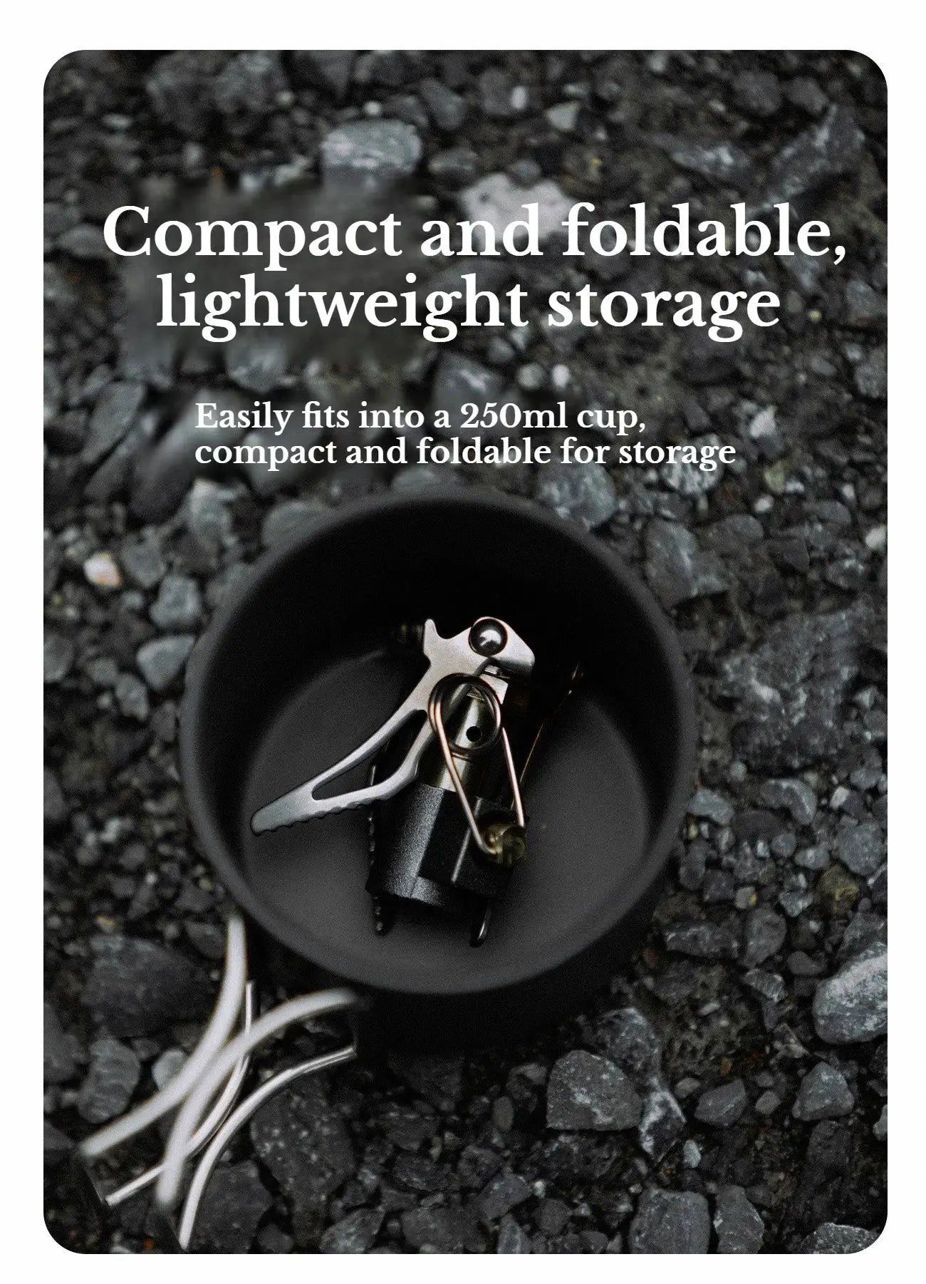 Simples Market MK-3000W mini portable camping gas burner; compact foldable pocket stove with metal components inside a black cup.