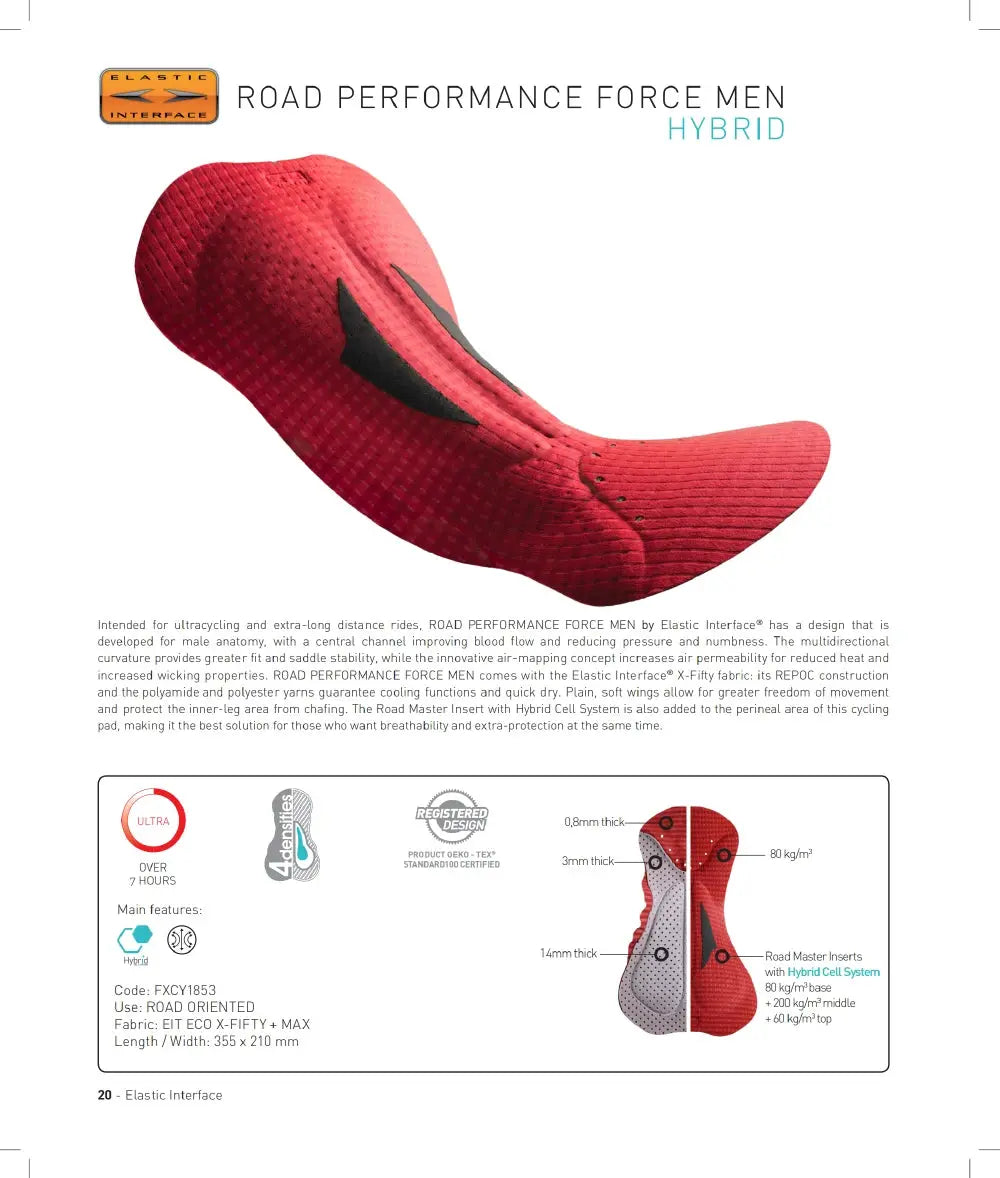 Red men's cycling bib shorts with padded 3D insert and Elastic Interface branding.