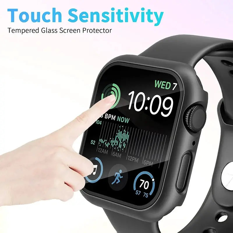 Tempered glass screen protector for Apple Watch; black protective case fits 40–46mm models