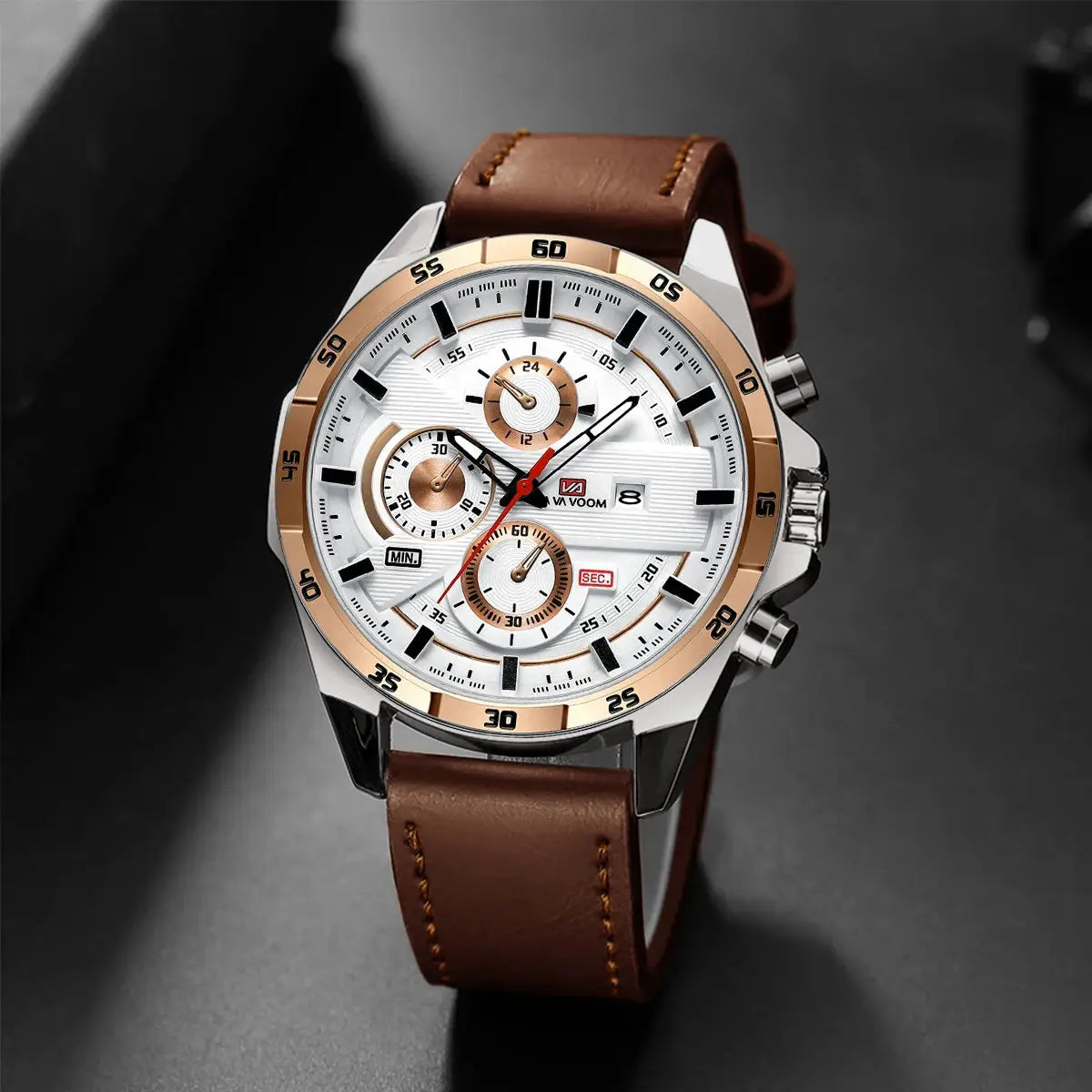 Men's 46mm Sports Style Leather Racing Band Quartz Calendar Watch For Precise Timekeeping