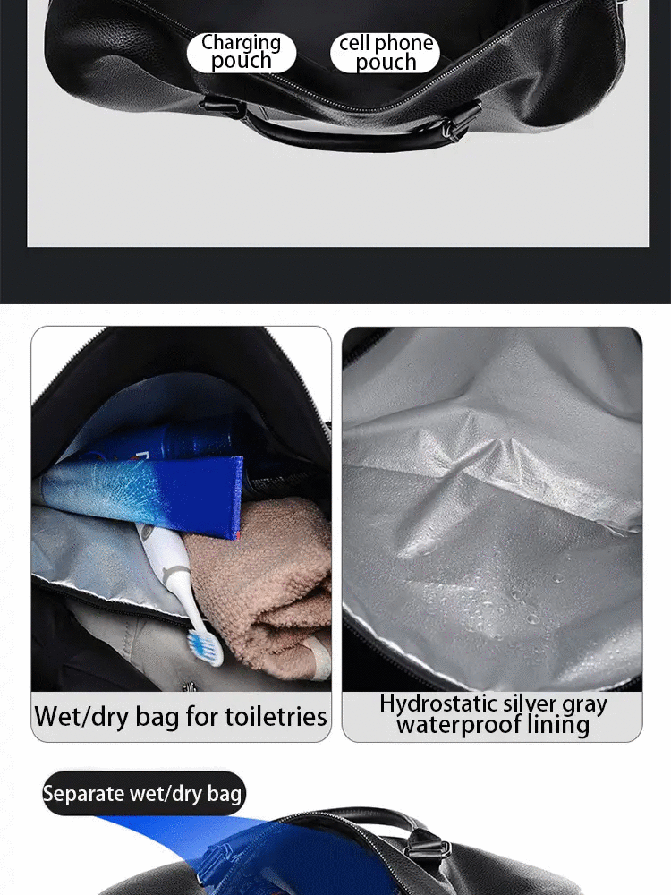 Retro New Short Trip Bag by Simples Market, large-capacity black PU waterproof sport bag with wet/dry and phone pouches
