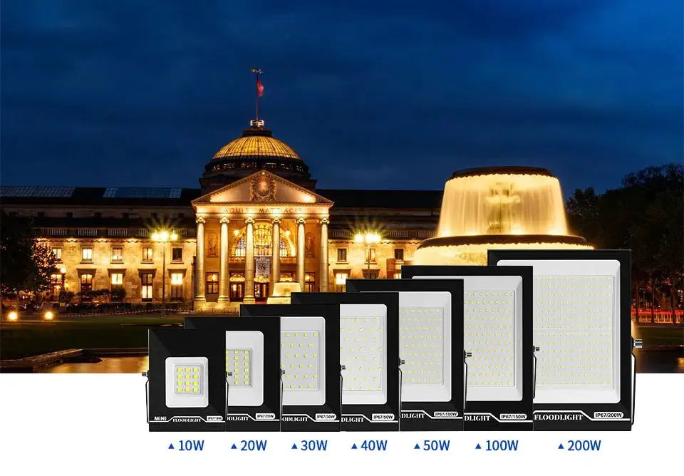Simples Market black waterproof IP67 LED flood lights set, 7 outdoor floodlights from 10W to 200W