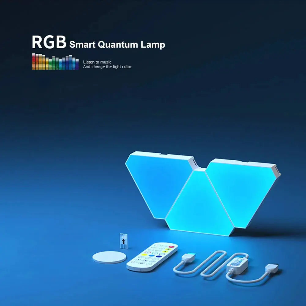 LED triangular RGB wall lamp in blue with remote control and power adapters for bedroom or office decor