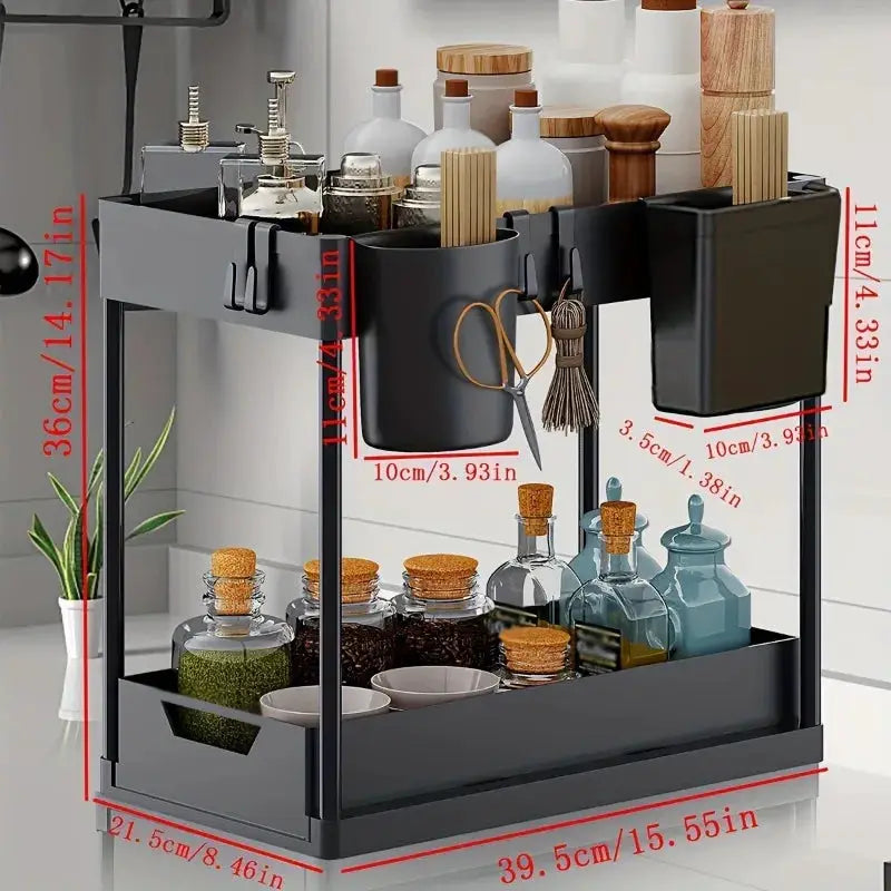 Two Tier Kitchen Sink Organizer Sliding Cabinet Basket With Hooks Hanging Cup Space Saving Rack For Kitchen And Bathroom