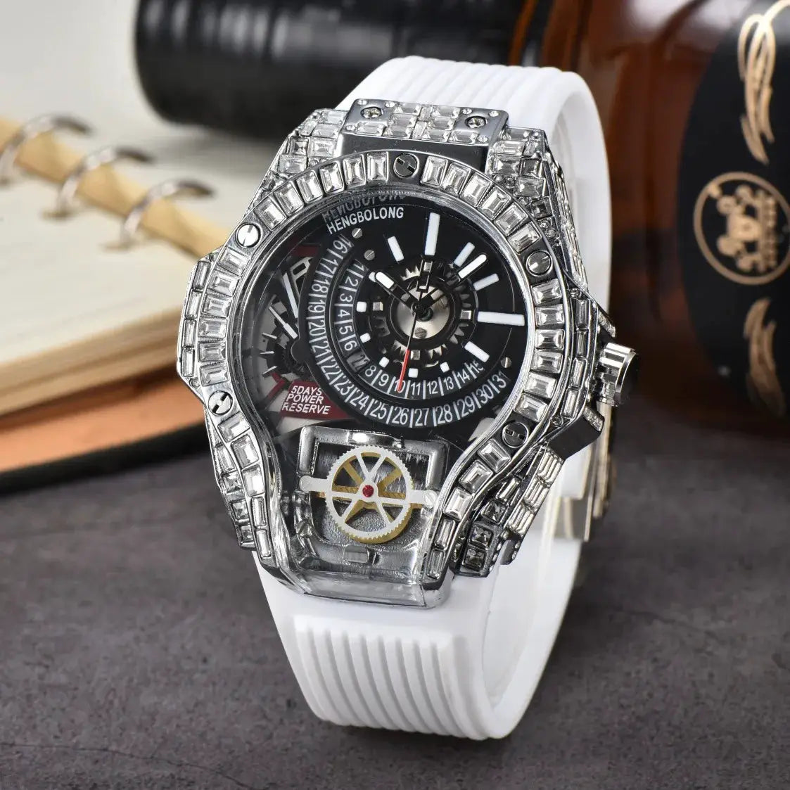 Men's luxury diamond-encrusted watch with white rubber strap and silver case, HENGBOLONG branding