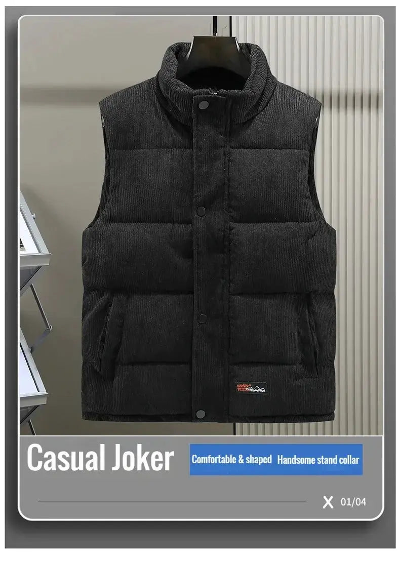 Men's black padded corduroy sleeveless vest with stand collar, zip front, quilted panels and front pockets.