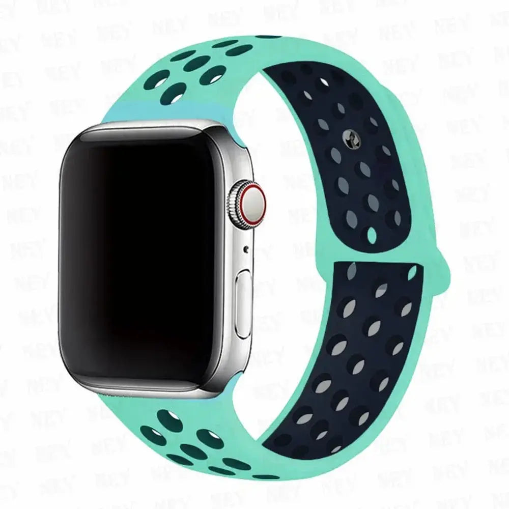 Simples Market silicone Apple Watch strap, teal with navy perforations, Pride bracelet; fits 38-45mm