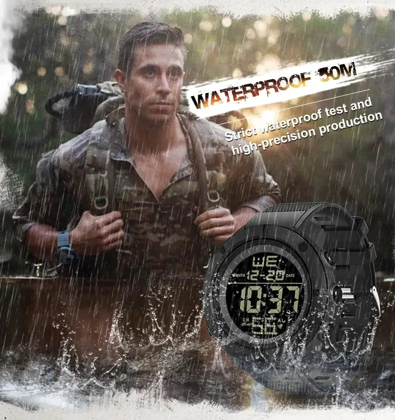 NORTH EDGE men's digital watch, black rugged design, 50M waterproof with world time, alarm and stopwatch
