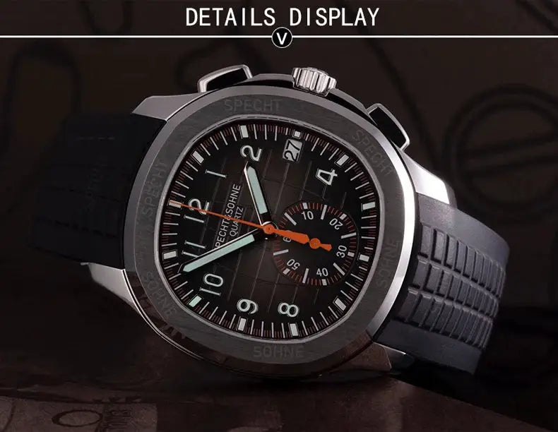 Specht & Söhne New Classic 5167 men's watch with orange accents, black dial, sapphire crystal and rubber strap