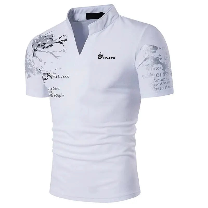 Men's white polo shirt by Simples Market with gray graphic prints on shoulders and sleeves, V-neck short sleeves