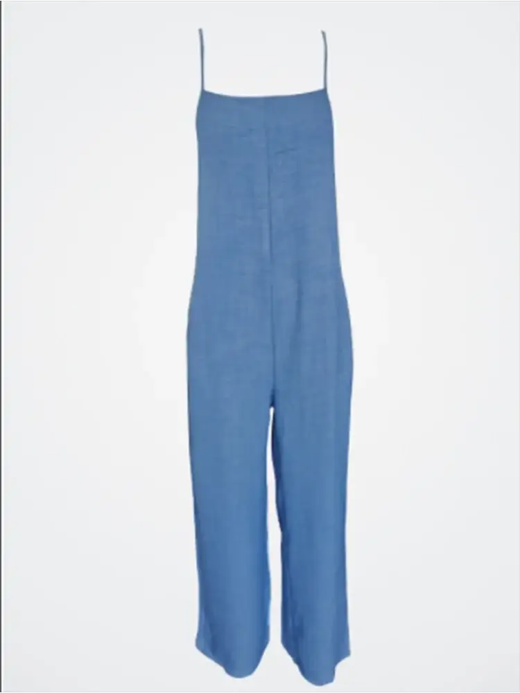 Women's sleeveless jumpsuit with suspenders, blue linen-look fabric, Simples Market