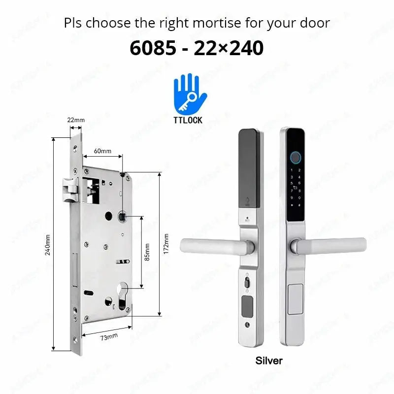 Simples Market silver sliding door smart lock with TTLock app, fingerprint, keypad and RFID