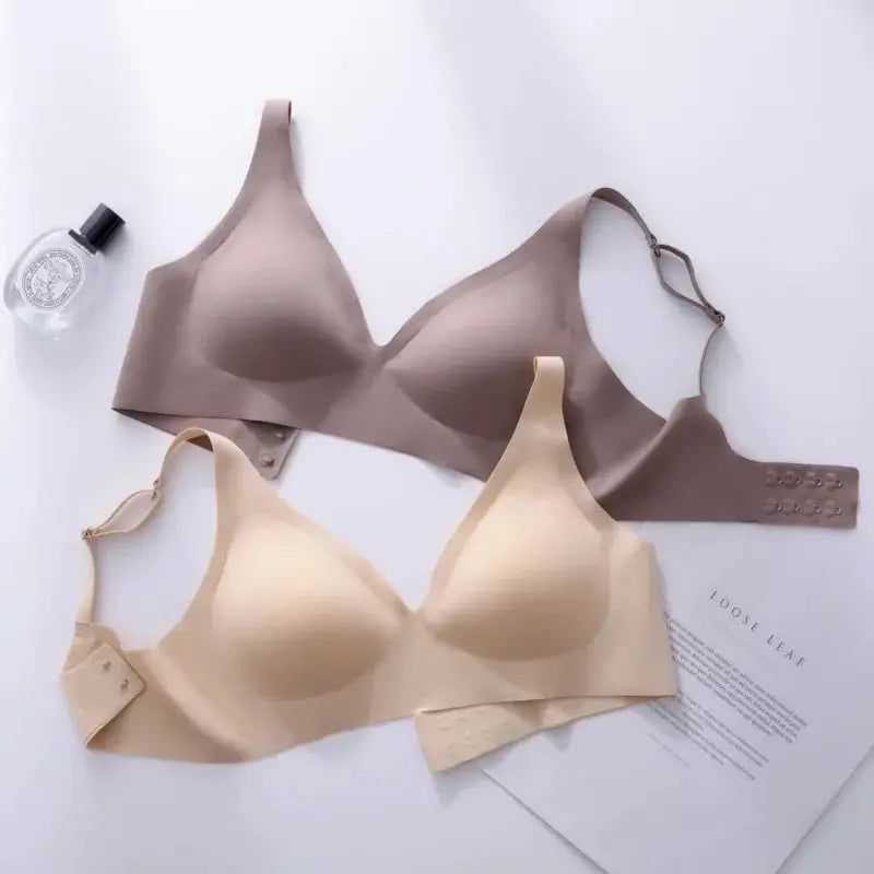 Two seamless push-up bras for women, beige and taupe, non-wire with removable pads, V-neck bralettes, sizes S–3XL