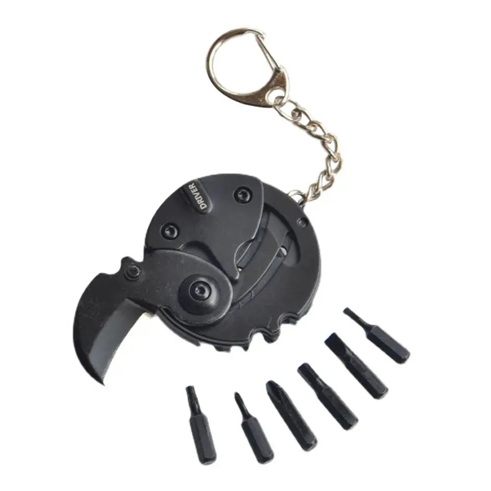 Multifunctional keychain screwdriver with folding coin knife, black metal, includes 8 bits and chain