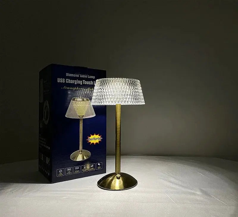 Simples Market rechargeable LED night light with touch control, brass stem and diamond-pattern glass shade