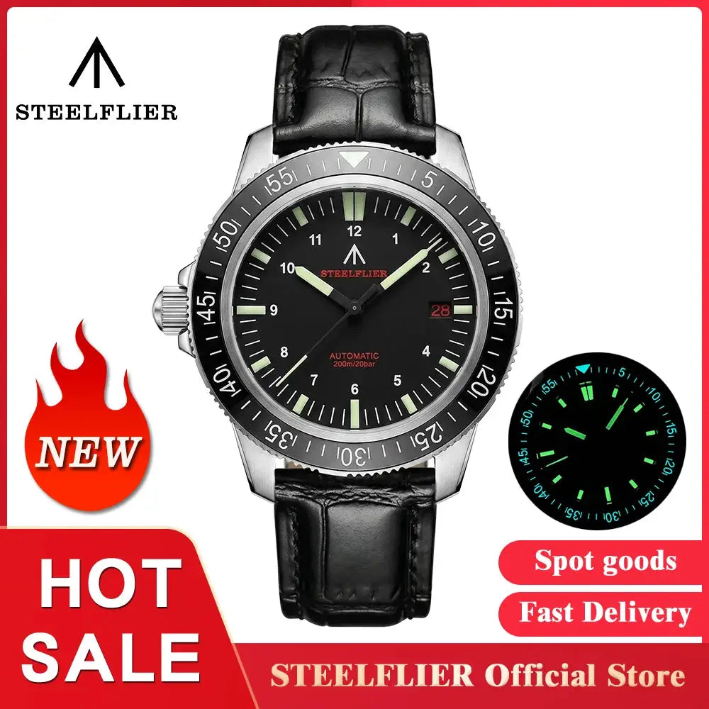 STEELFLIER SF783 NH35 automatic diver with ceramic bezel, luminous hands, 200m water resistance, black leather strap