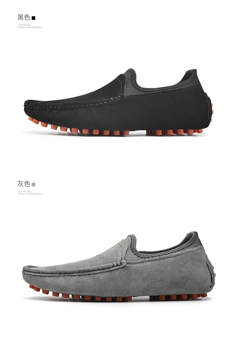 Men's driving loafers by Simples Market in black and gray suede with orange studded outsole, 2 pairs shown.