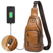 HUMERPAUL men's USB chest bag in brown genuine leather with crossbody strap and multiple pockets