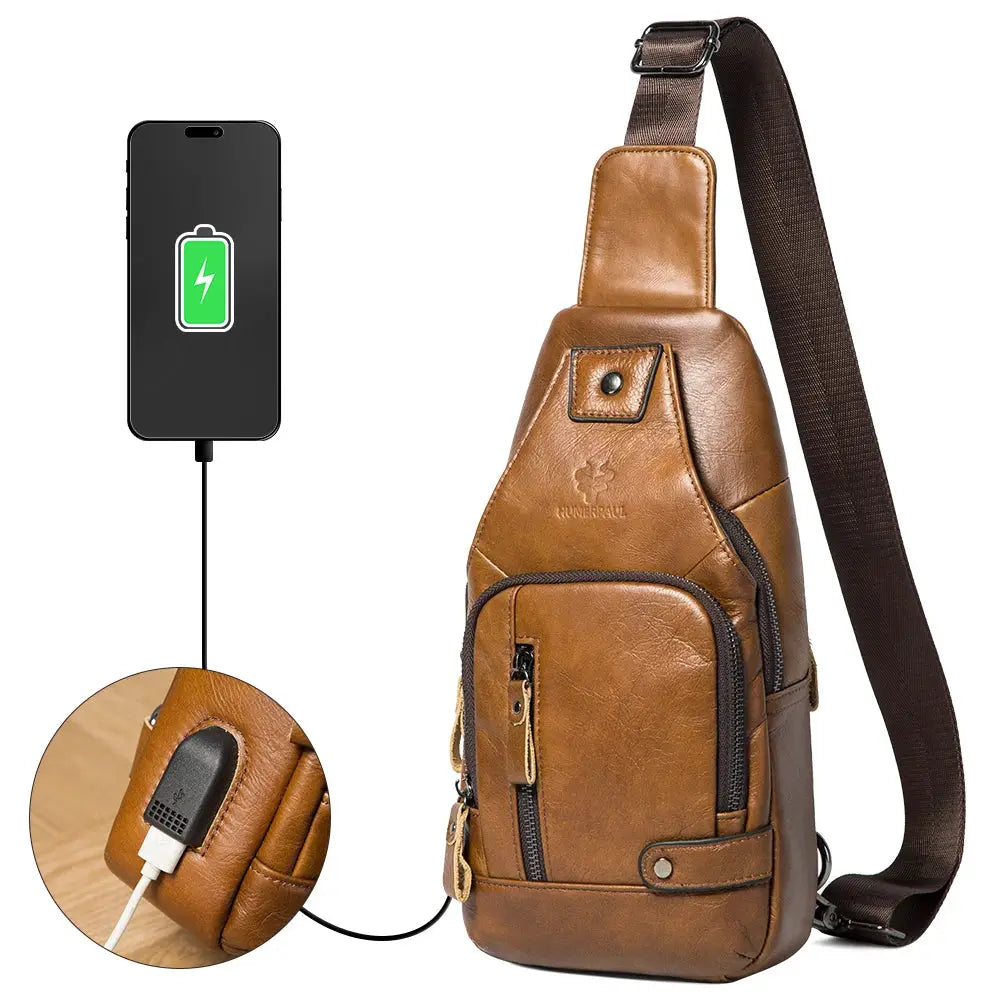 HUMERPAUL men's USB chest bag in brown genuine leather with crossbody strap and multiple pockets
