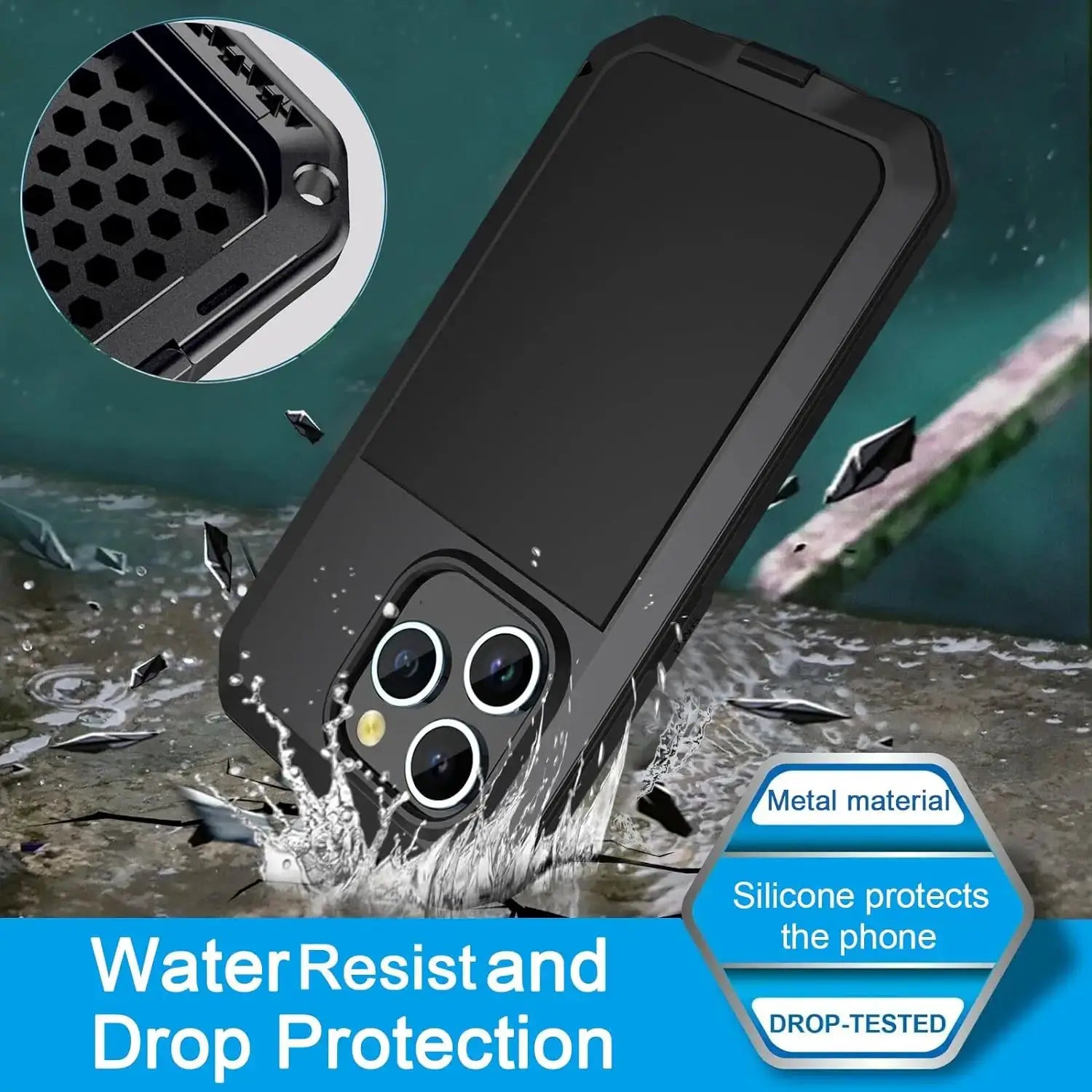 Simples Market rugged aluminum tank case for iPhone; black, heavy‑duty shockproof protection