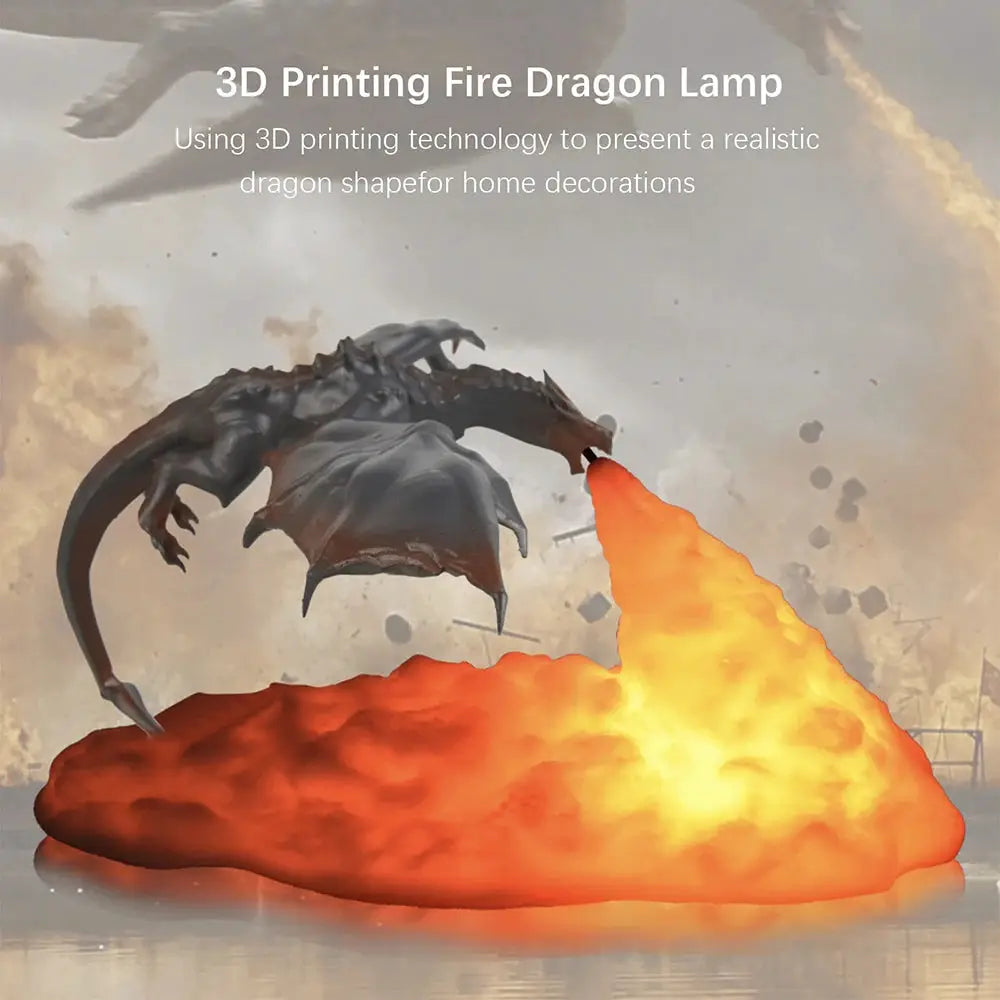3D Printed Fire Dragon Lamp, LED USB-rechargeable desktop light with gray dragon and orange flame