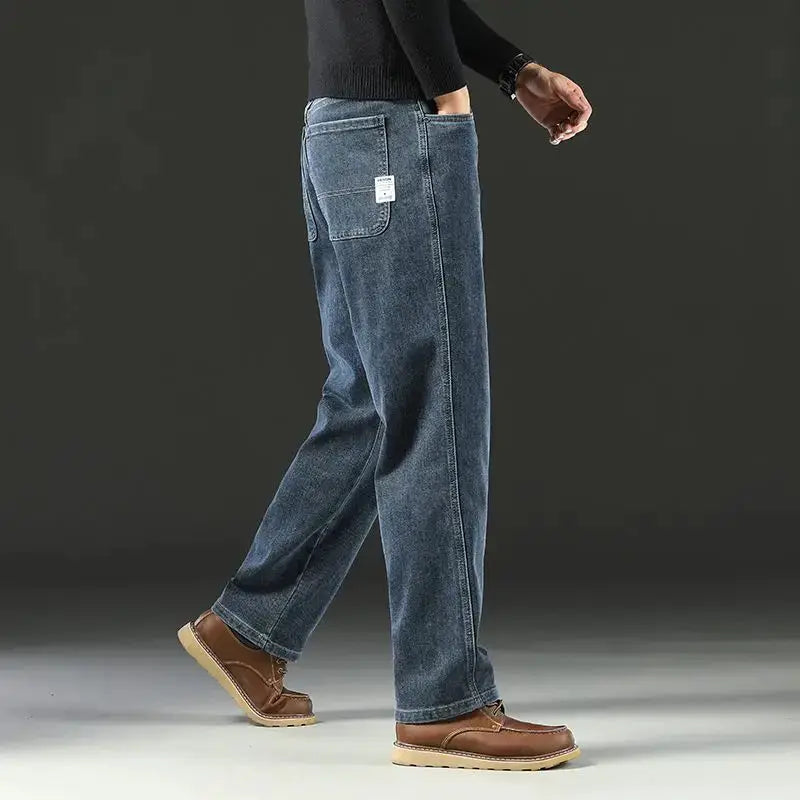 Men's Simples Market baggy denim jeans, blue straight-stretch wide-leg casual pants