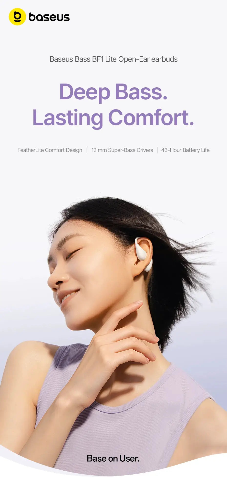 Baseus BF1 Lite Open-Ear Sport Wireless Earphones, white, 60Hrs playtime