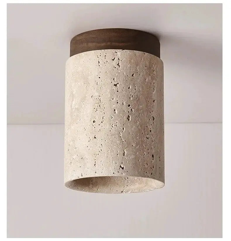 Simples Market Japanese style LED ceiling lamp, round stone-textured beige cylinder, surface-mounted with dark wood mount