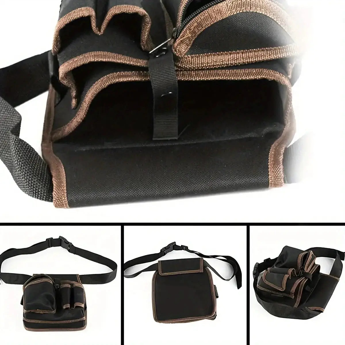Hardware and Electrician's Tool Bag by Simples Market; black with brown trim, multi-pocket waist-hanging pouch.
